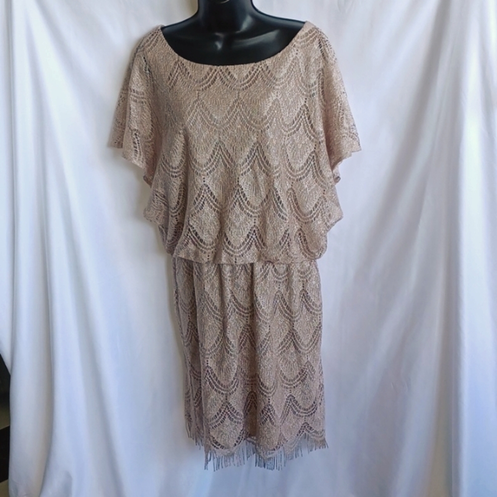 S.L. Fashions Glistening Gold Laced Fringed Dress Perfect for a Wedding